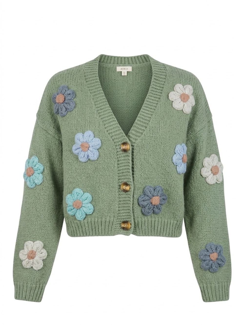 debut Sage Green Cropped Flower-Appliqué Cardigan